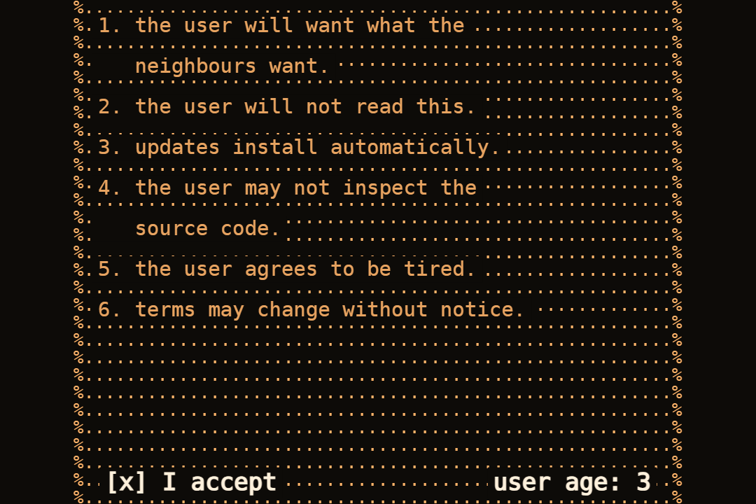 a licence agreement for culture, accepted with a tick, user age: 3