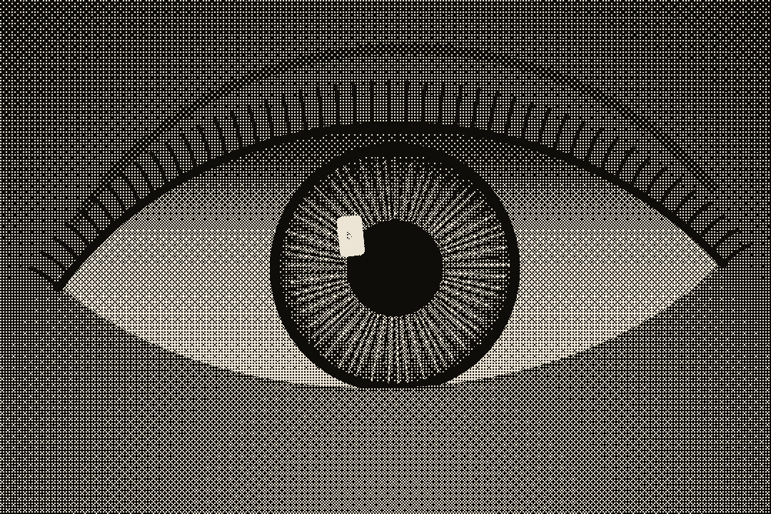 a dithered eye with a phone screen reflected in it