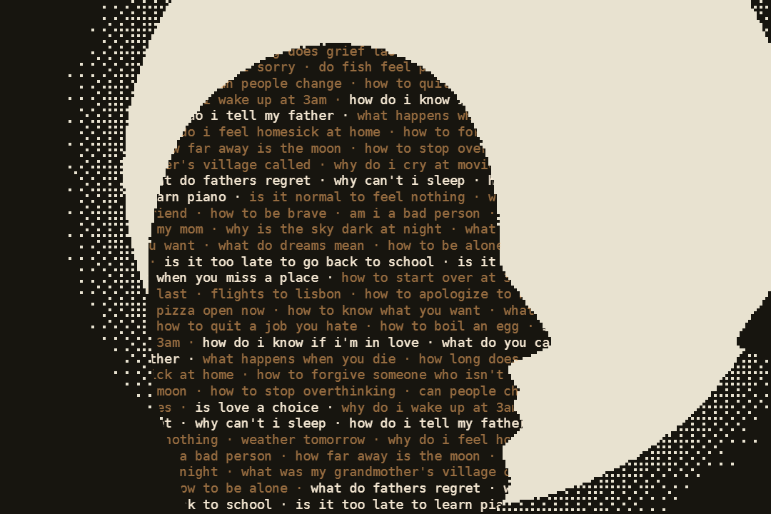 a profile in silhouette against a full moon, filled with lines of search questions